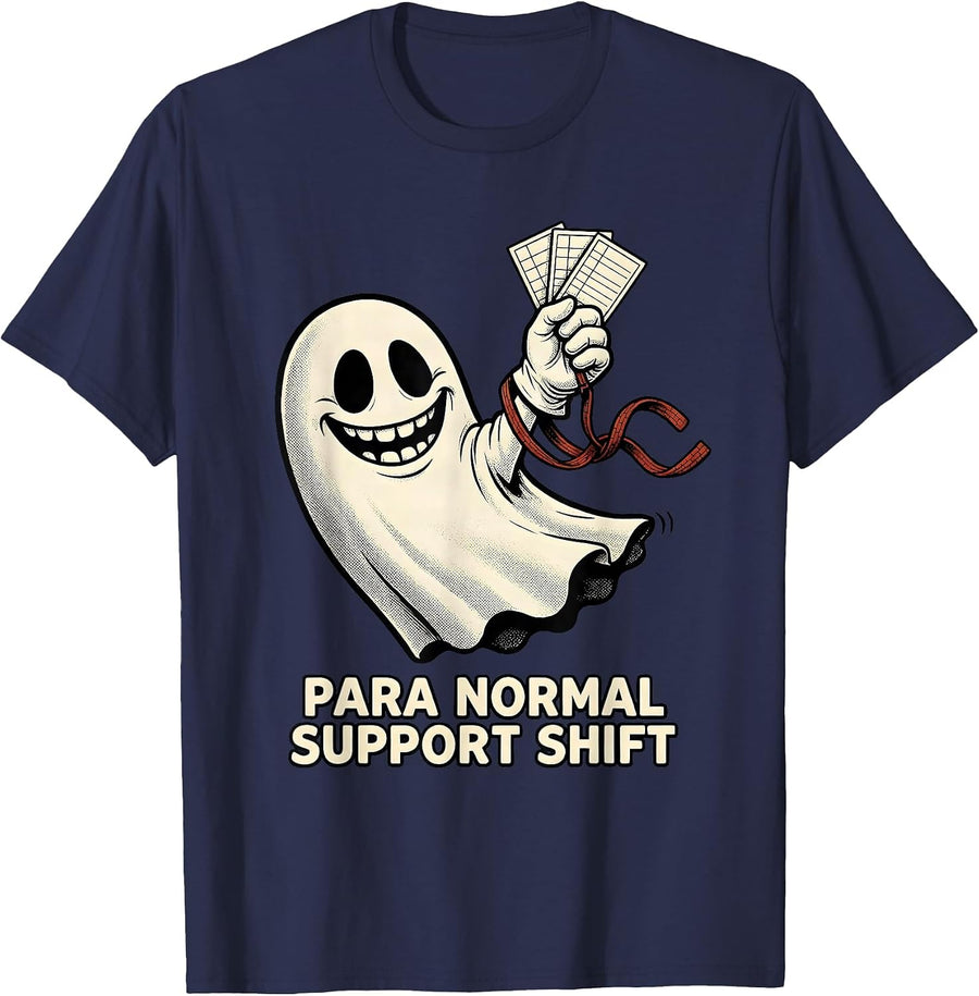 Para Normal Support Shift Retro Cartoon Ghost Paraeducator T-Shirt - Navy Blue