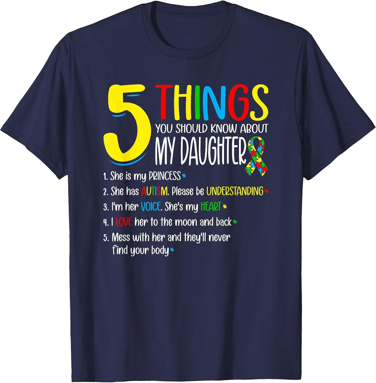 Autism 5 Things About My Autism Daughter T-Shirt - Navy Blue