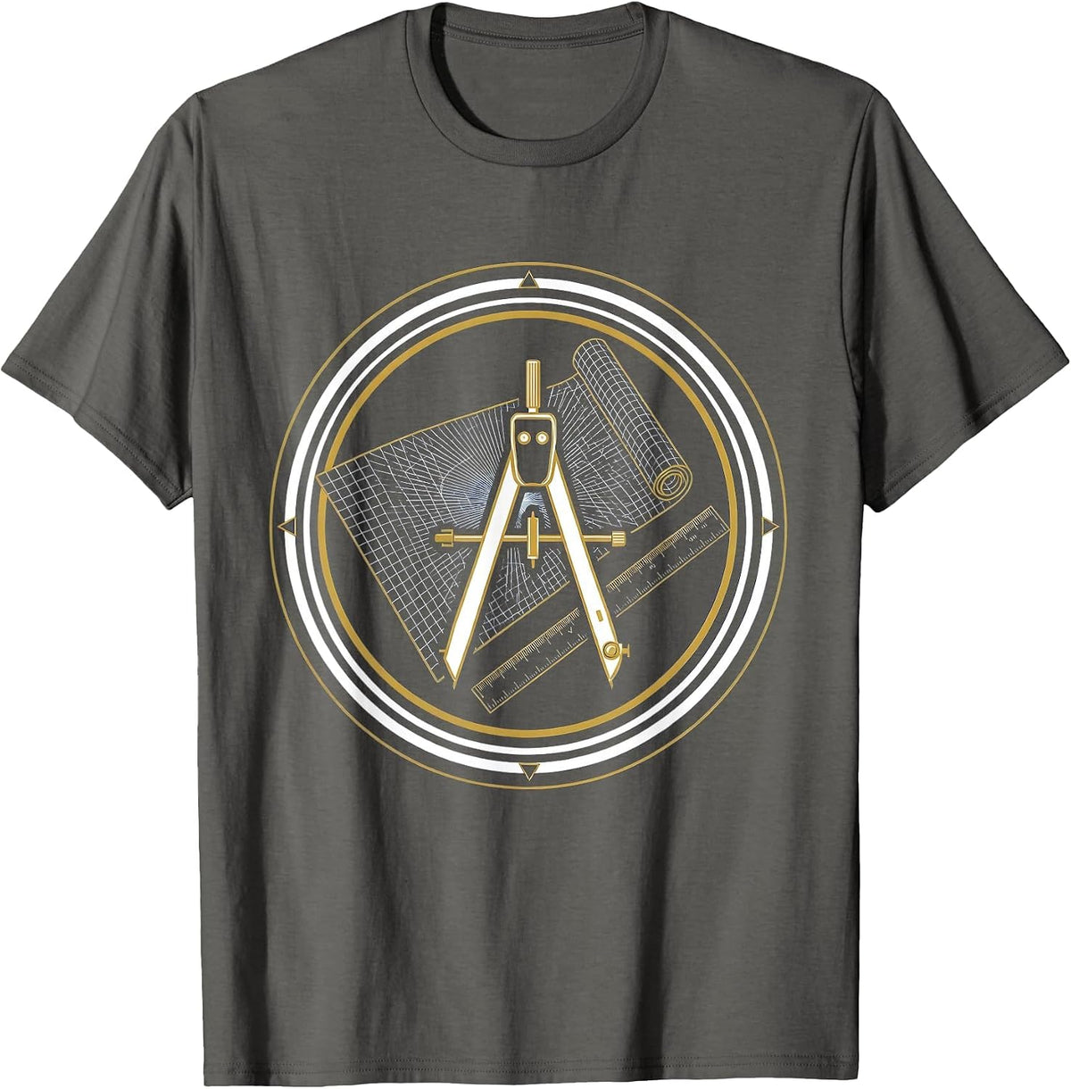 Blueprint Compass and Ruler Illustration T-Shirt - Asphalt Grey