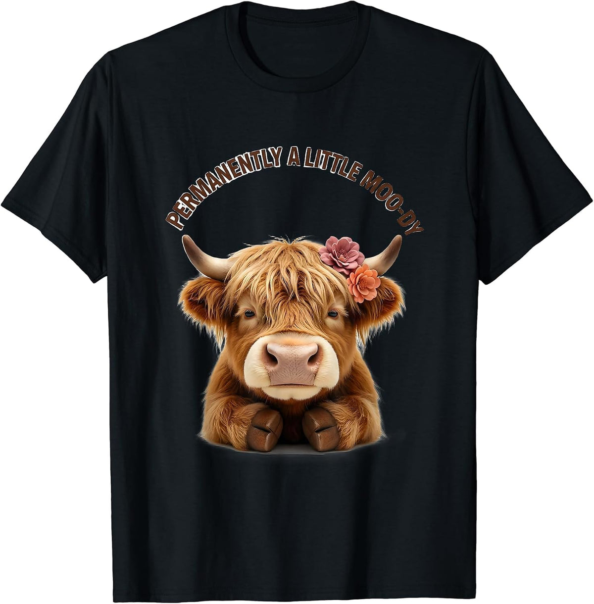 Men's Permanently A Little Moo-dy Cute Kawaii Highland Cow Humor T-Shirt - Black