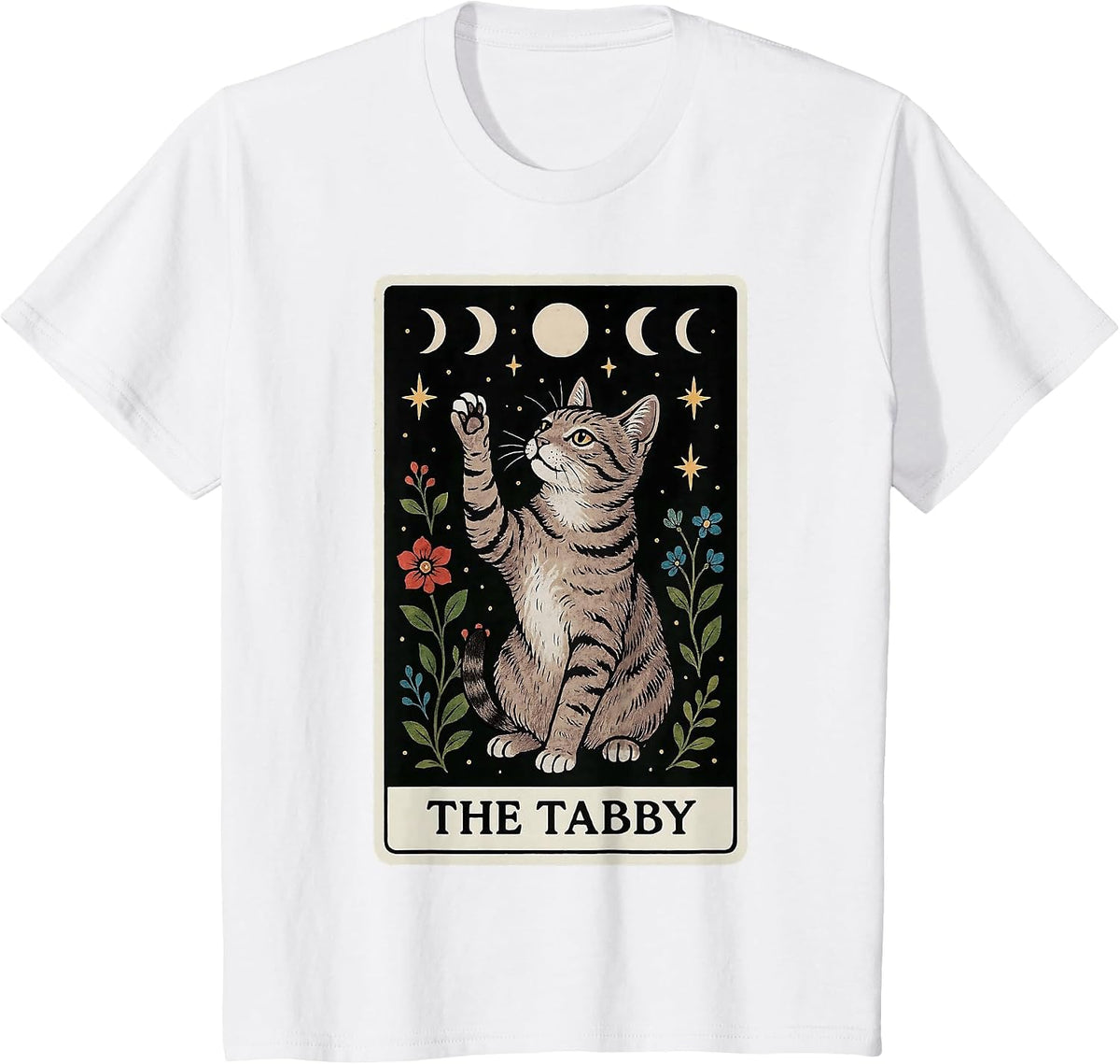 The Tabby Cat Gray Cat Tarot Card Witchy Moon T-Shirt - White