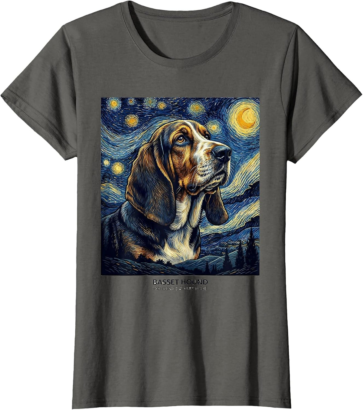 Women's Basset Hound Van Gogh's Starry Night Art Portrait Dog Lover T-Shirt - Asphalt Grey