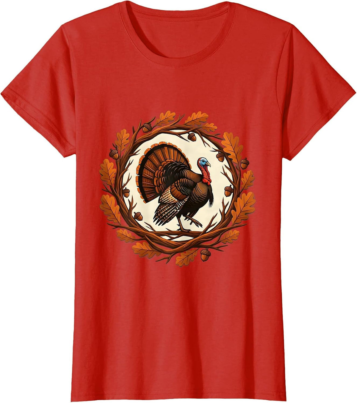 Camo Turkey Striding Through Autumn Oak Leaves T-Shirt - Red
