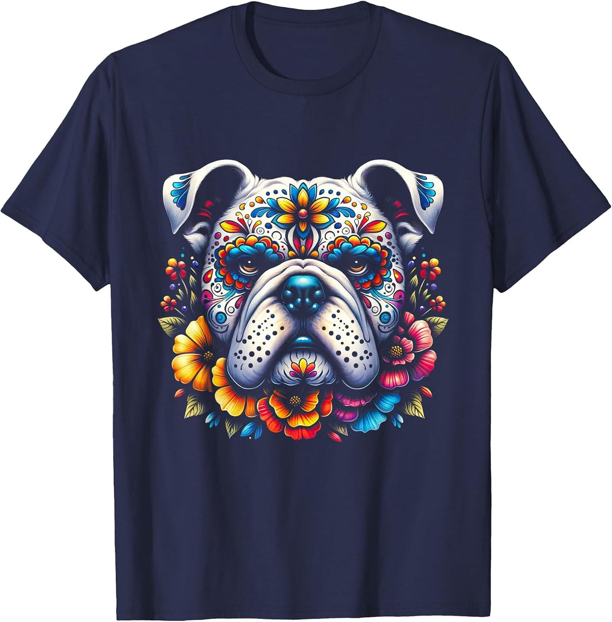 Cinco De Mayo Sugar Skull Flower Bulldog T-Shirt - Navy Blue