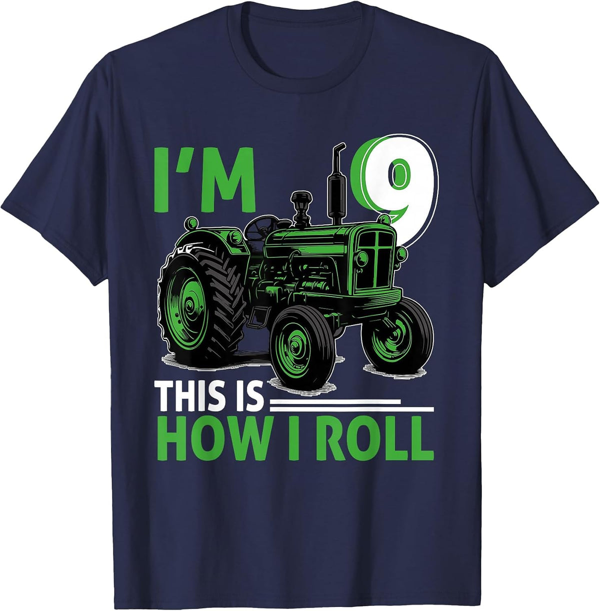 Green Farm Tractor 9th Birthday Party 9 Year Old Farmer T-Shirt - Navy Blue