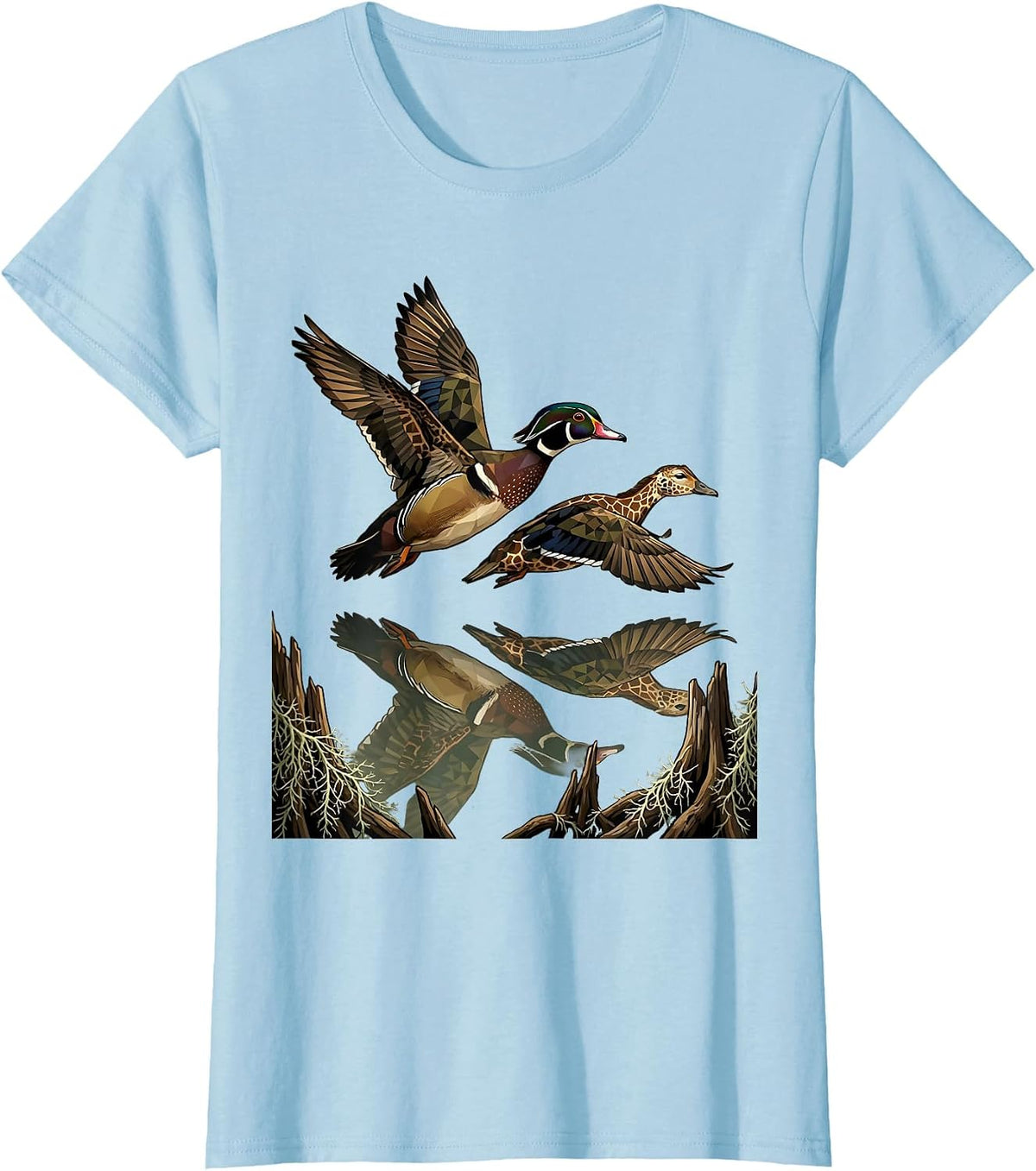 Women's Wood Duck Pair Bottomland Camo Waterfowl Design T-Shirt - Baby Blue