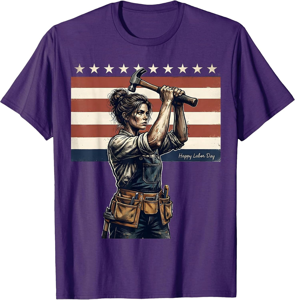 Men's Happy Labor Day Distressed Patriotic Woman Messy Bun Holiday T-Shirt - Purple