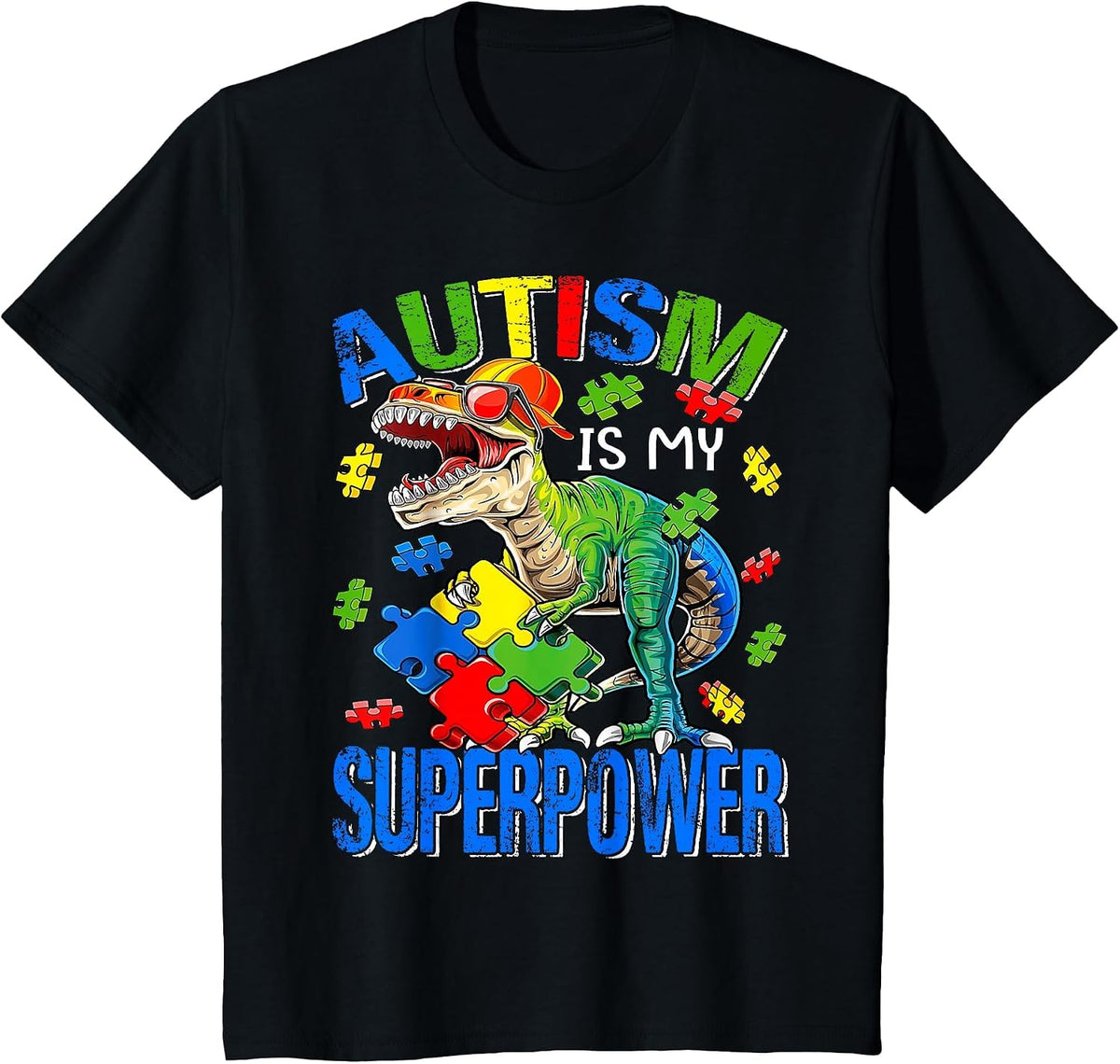 Autism is My Superpower Autism Awareness Dinosaur T Rex T-Shirt - Black