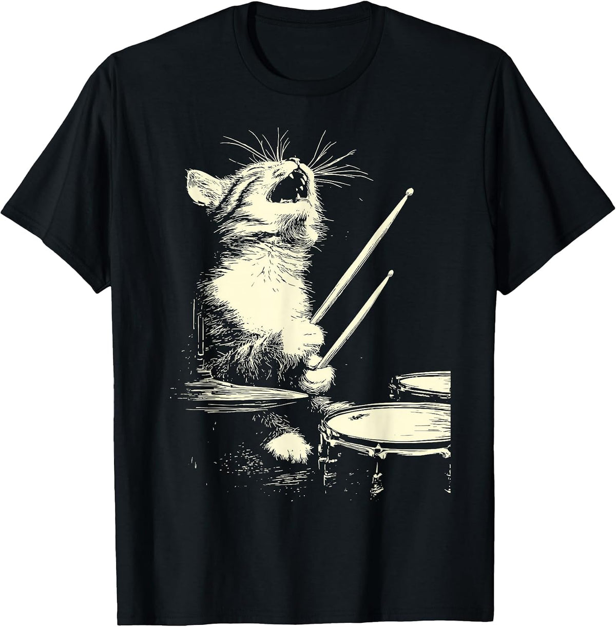 Cute Tabby Cat Playing Drums Funny Music Feline Drummer T-Shirt - Black
