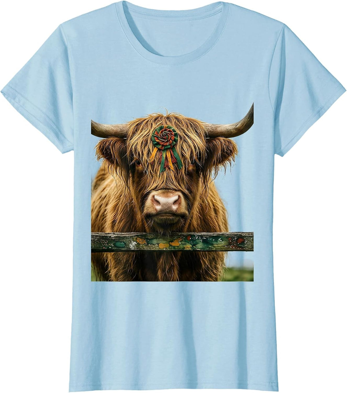 Highland Cow Folk Art Farm Animal Humor T-Shirt - Baby Blue