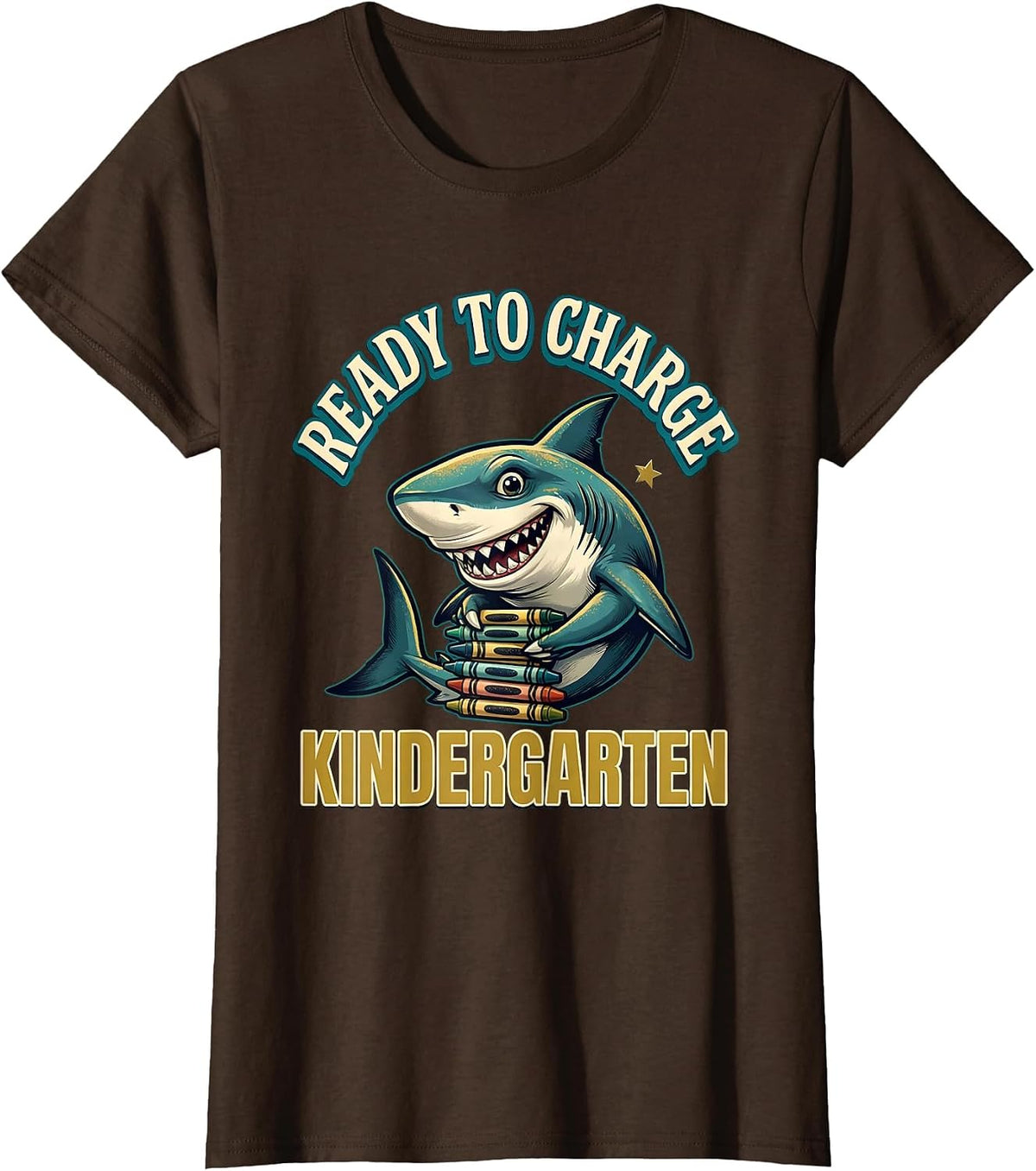 Women's Ready To Charge Kindergarten Funny Shark Back to School Kids T-Shirt - Brown