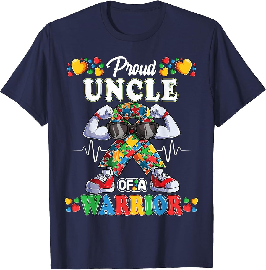 Autistic Ribbon Puzzle Uncle of Autism Awareness Warrior T-Shirt - Navy Blue
