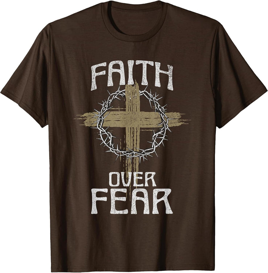Faith Over Fear Jesus Christ Christian Cross God Bible T-Shirt - Brown