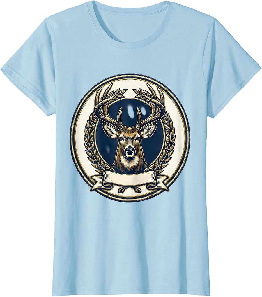 Women's Sealed Buck Emblem Whitetail Hunting Dad Gift T-Shirt - Baby Blue