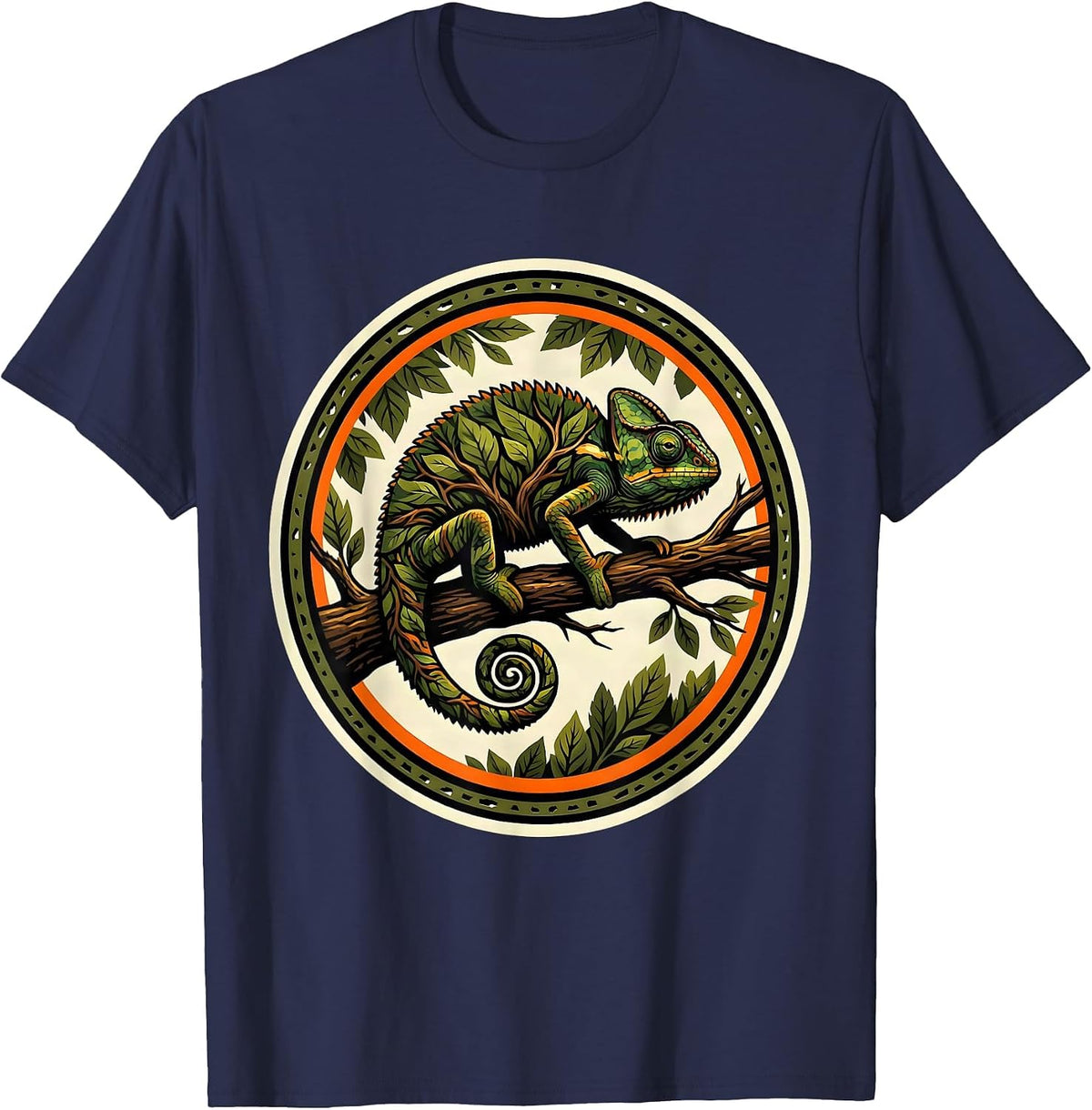 Chameleon Camouflage Leafy Branch Nature Art T-Shirt - Navy Blue