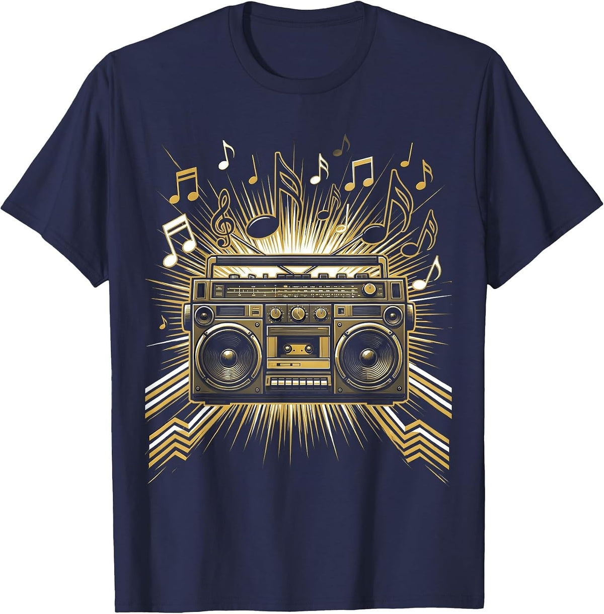Retro Boombox Musical Notes Graphic Tee T-Shirt - Navy Blue