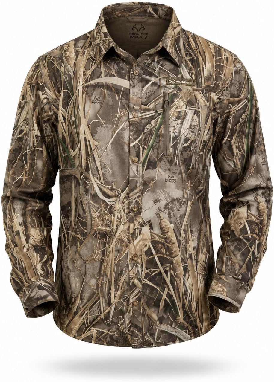 Realtree Men’s Long Sleeve Camo Hunting Shirt - Lightweight Breathable Button Down with UPF 50+ Sun Protection - Max-7