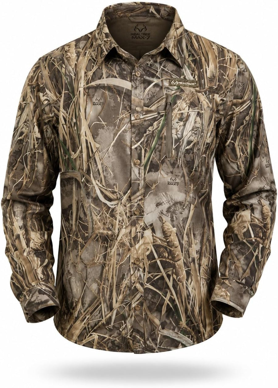 Realtree Men’s Long Sleeve Camo Hunting Shirt - Lightweight Breathable Button Down with UPF 50+ Sun Protection - Max-7
