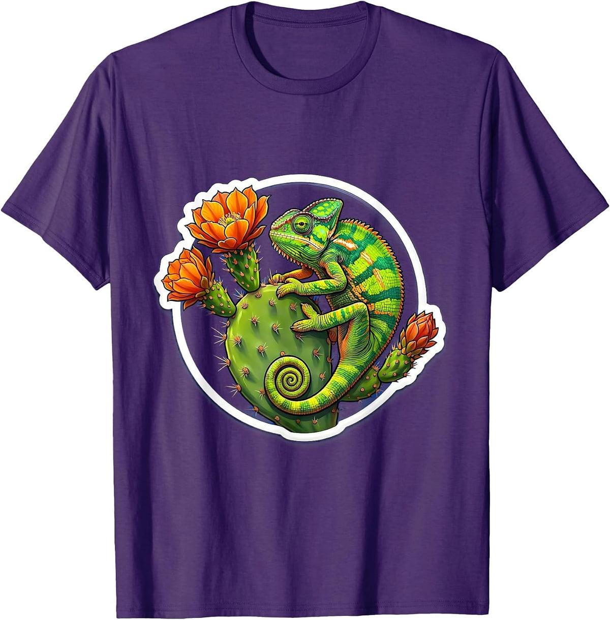 Men's Mexican Chameleon Blooming Cactus Illustration T-Shirt - Purple
