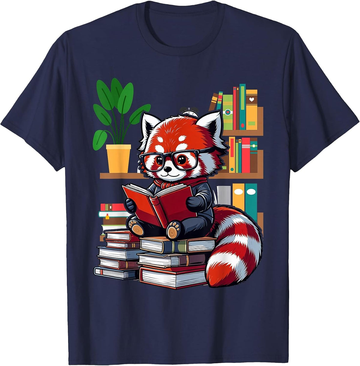 Red Panda Books Lover Reading Bookworm T-Shirt - Navy Blue