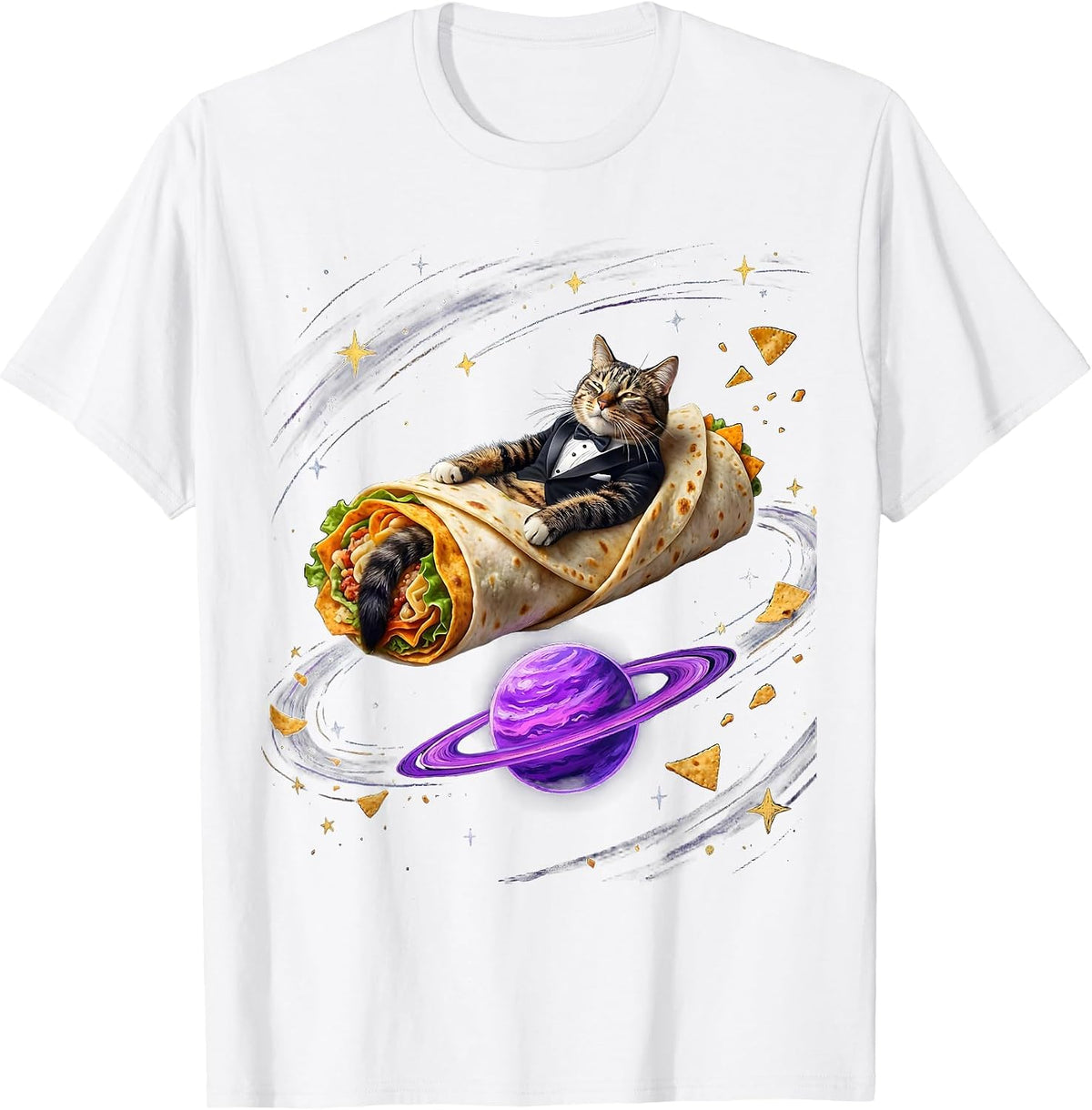 Burrito Cat Cosmic Humor Funny Cat Lover T-Shirt - White