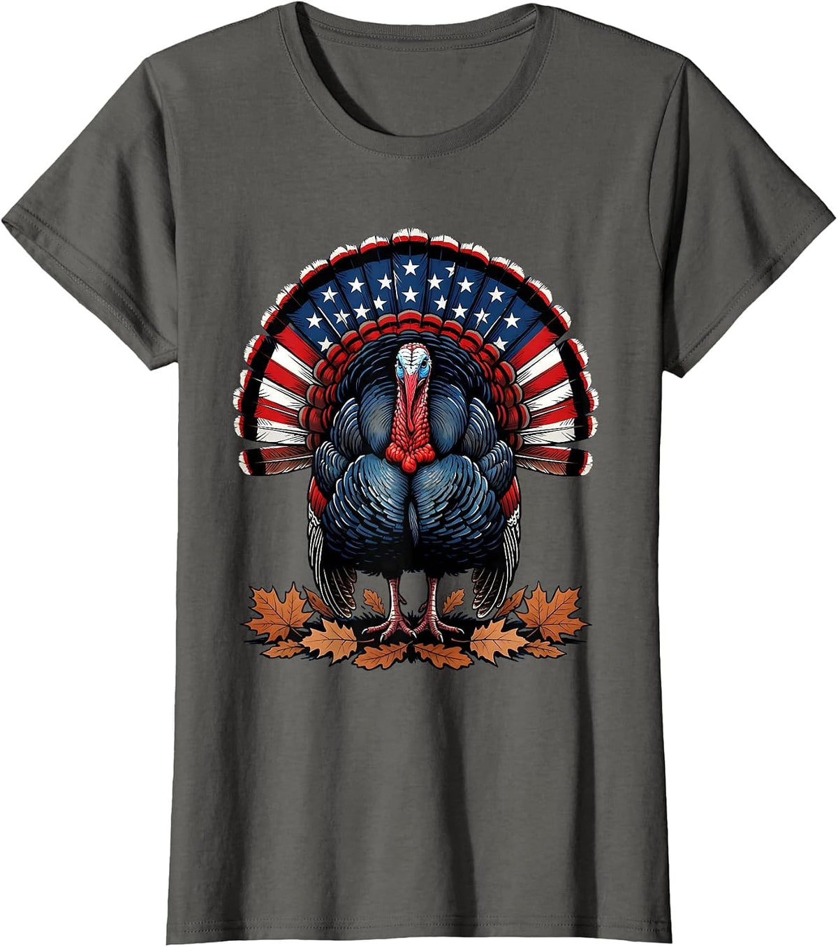 Women's Wild Turkey Strutting Autumn Leaves Thanksgiving T-Shirt - Asphalt Grey