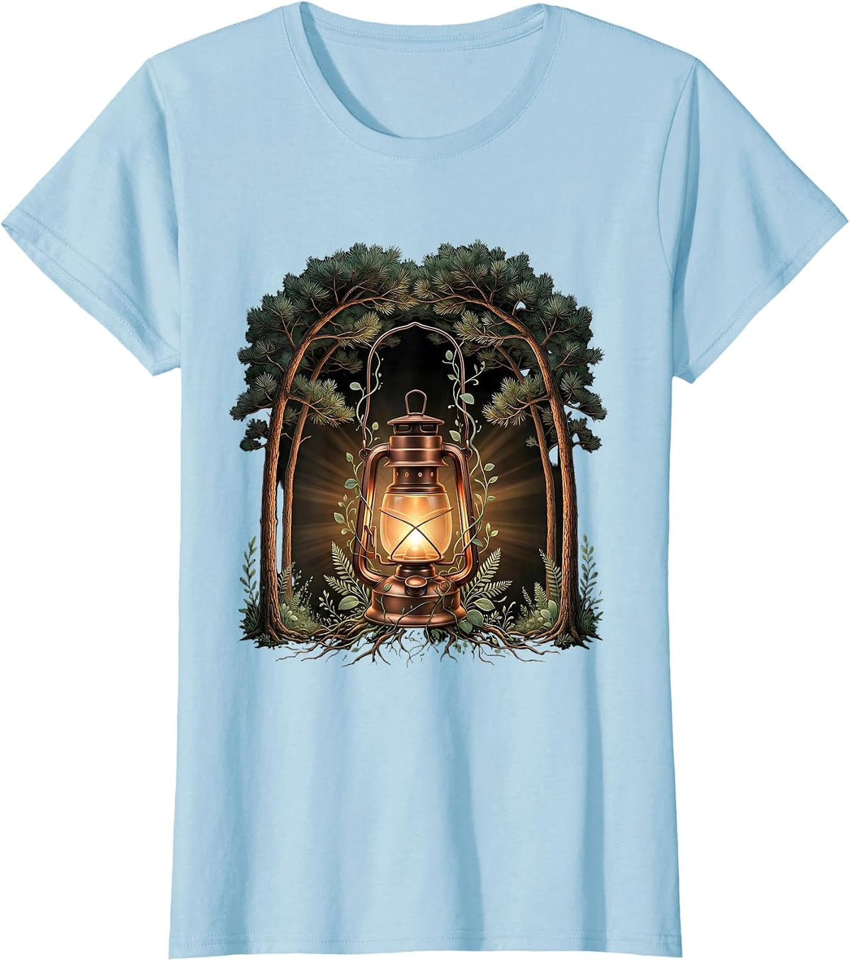 Social Worker Lantern Dark Forest Path Illustration T-Shirt - Baby Blue