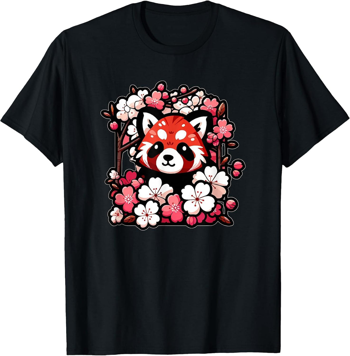 Kawaii Red Panda Japanese Cherry Blossoms Sakura Flower Art Tees T Shirts - Black