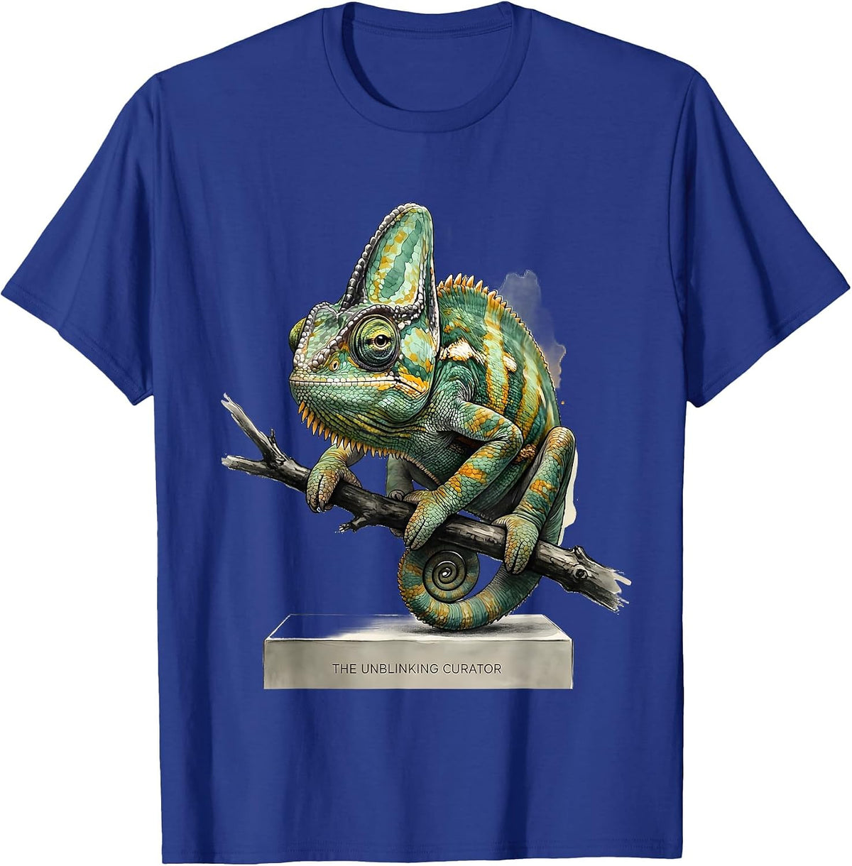 The Unblinking Curator Watercolor Veiled Chameleon Funny T-Shirt - Royal Blue