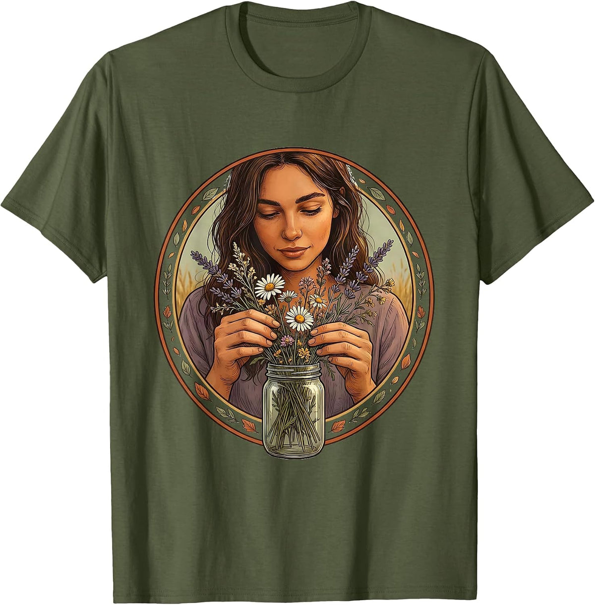 Wildflower Mason Jar Auntie Floral Illustration T-Shirt - Olive Green