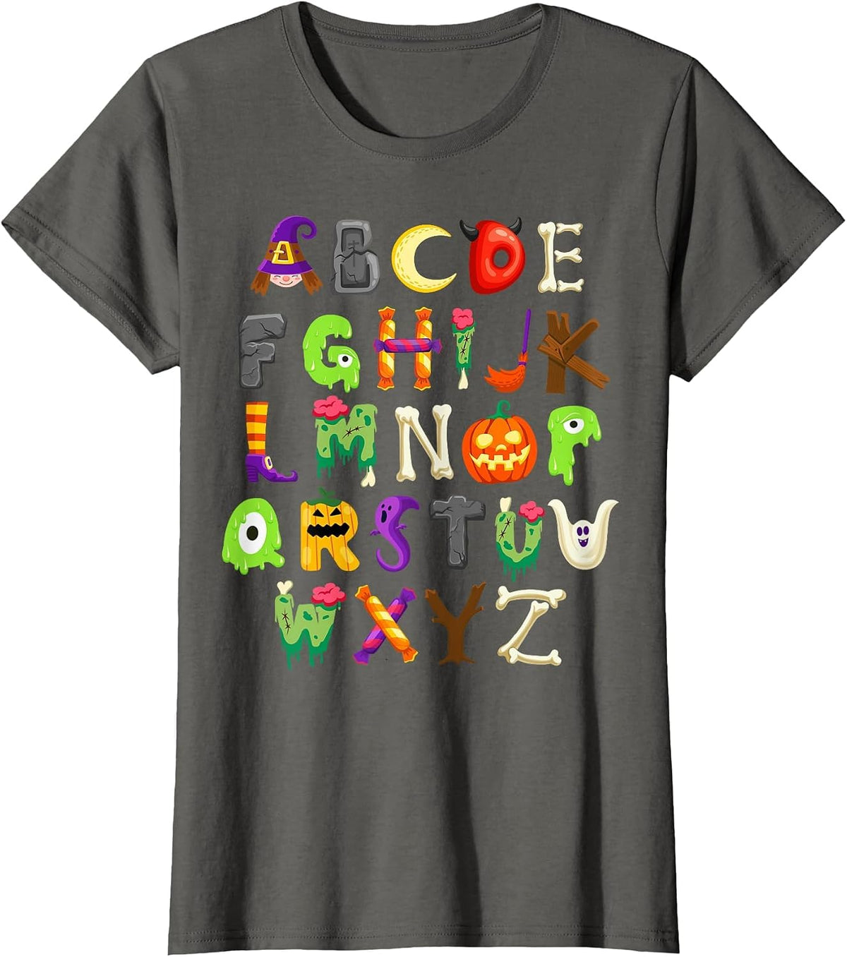 ABCs Learning Kindergarten Teacher Funny Halloween Alphabet T-Shirt - Asphalt Grey