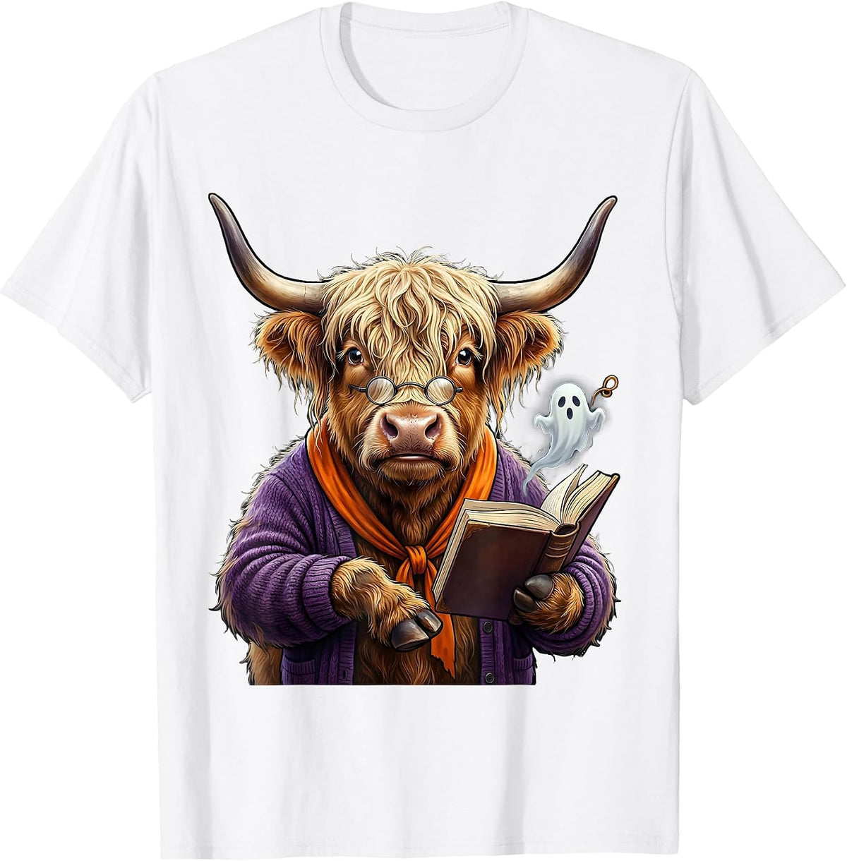 Men's Shaggy Highland Cow Haunted Librarian Halloween Humor T-Shirt - White