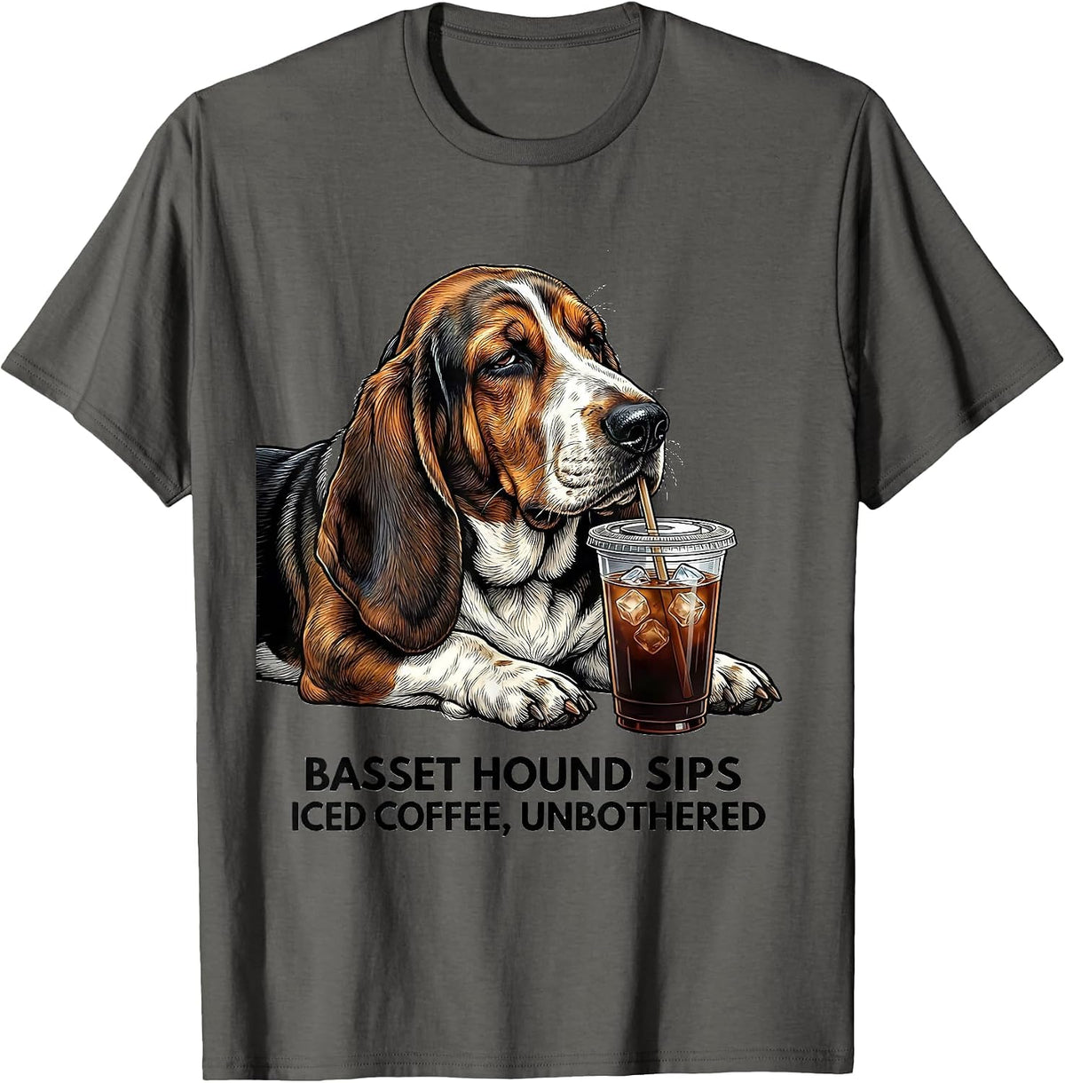 Men's Basset Hound Sips Iced Coffee, Unbothered Funny T-Shirt - Asphalt Grey
