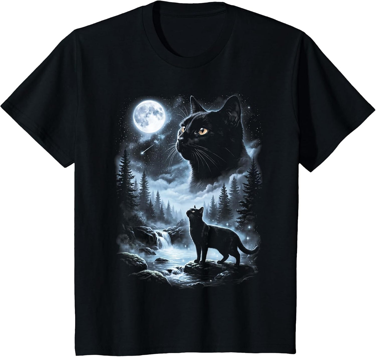 Black Cat Howling at Moon 90's Retro T-Shirt - Black