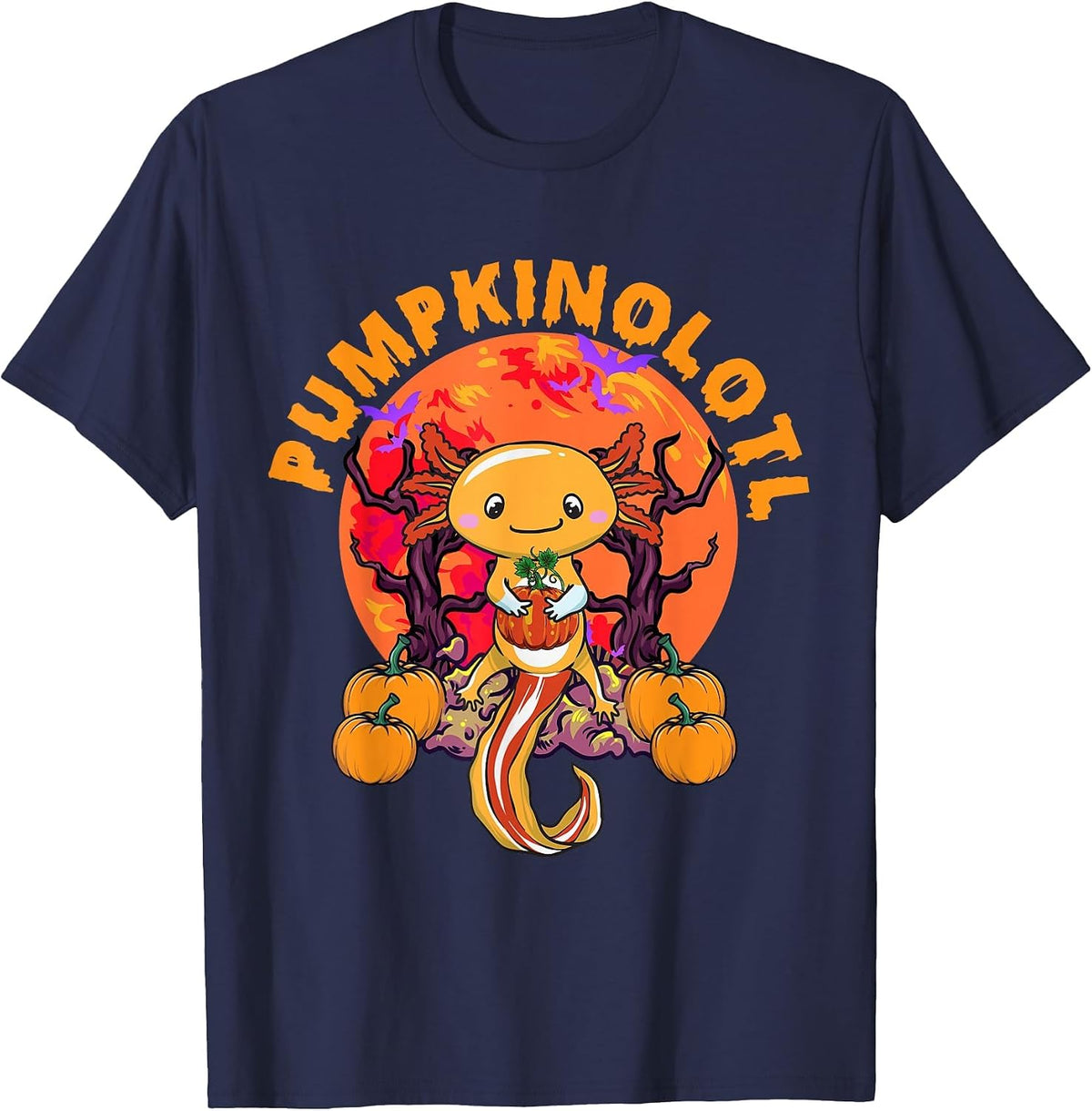 Halloween Axolotl Salamander Pumpkin Orange Pumpkinolotl T-Shirt - Navy Blue