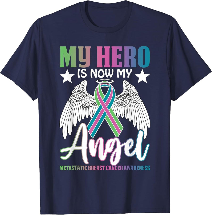 My Hero is Now My Angel Metastatic Breast Cancer Awareness T-Shirt - Navy Blue