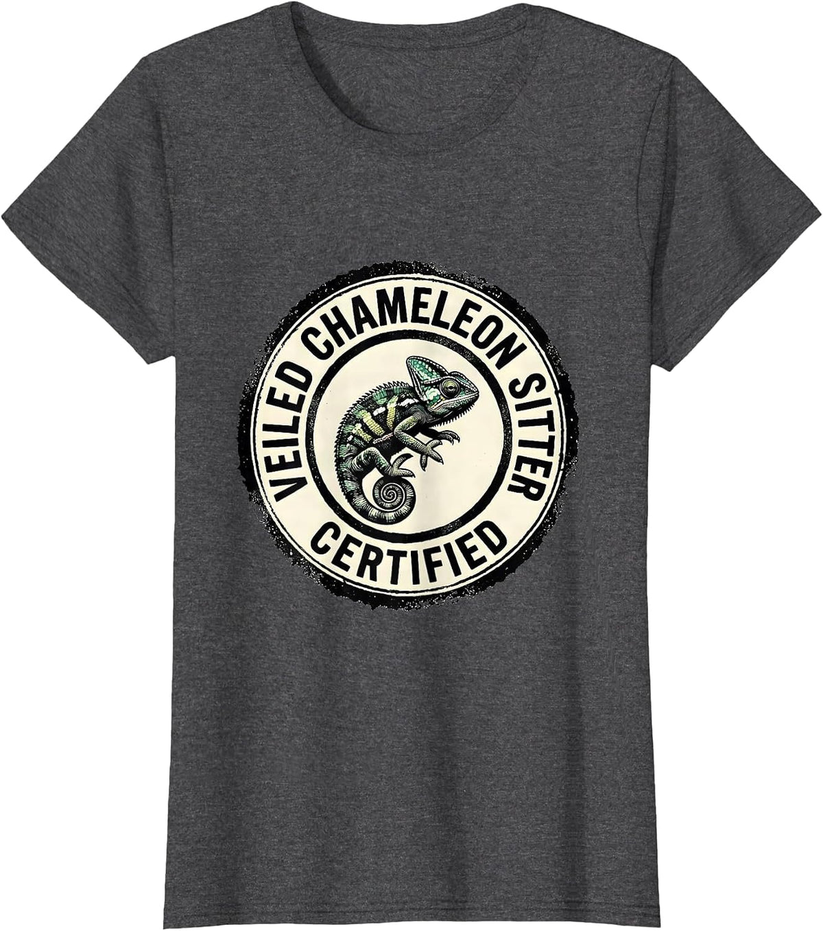 Women's Veiled Chameleon Sitter Certified Whimsical Fantasy Reptile T-Shirt - Dark Heather Grey