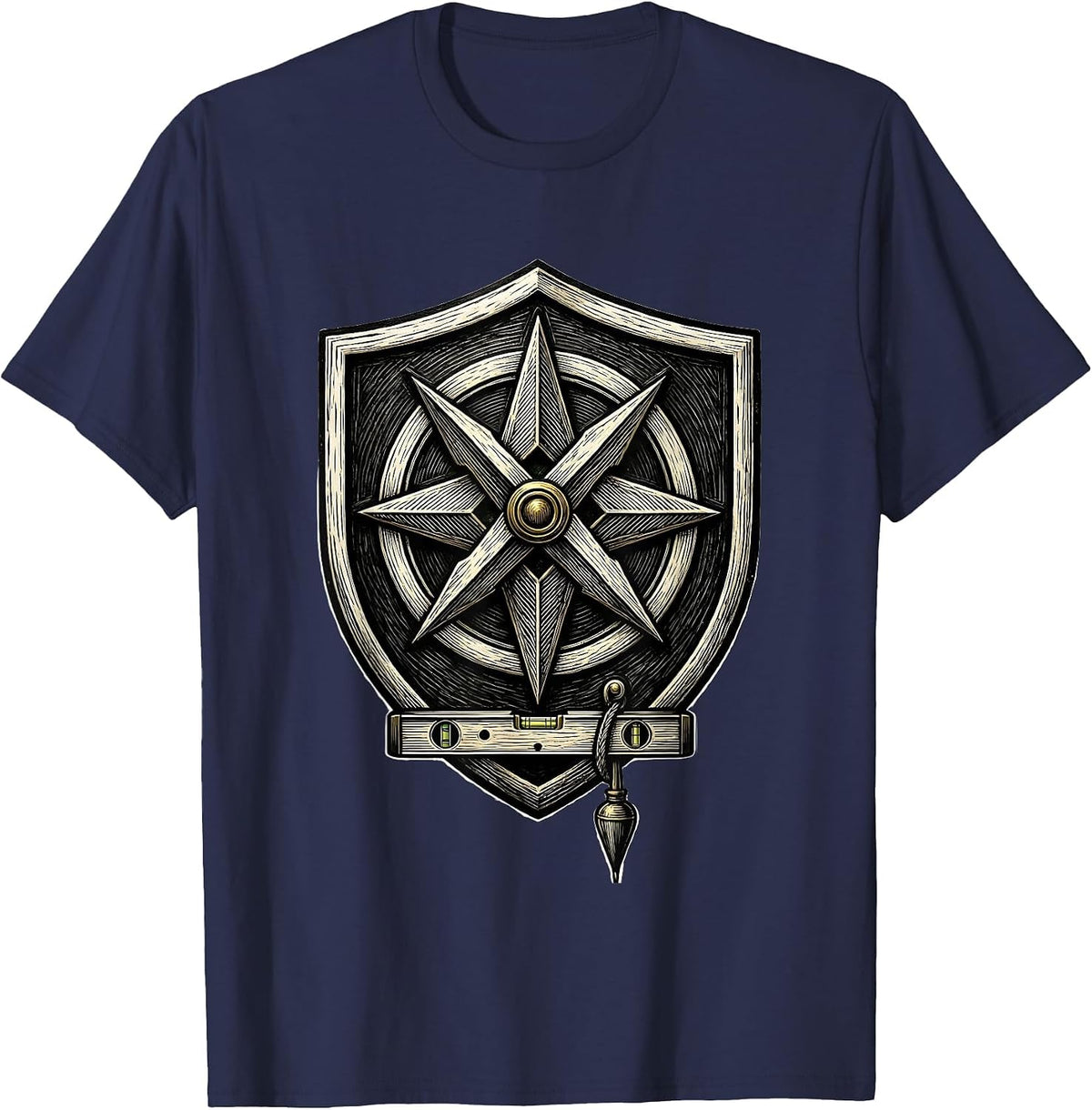 Men's Shield Engraved Freemason Square And Compass Brotherhood T-Shirt - Navy Blue