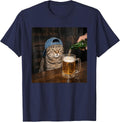Funny Cat Drinking Beer Hat Graphic Unimpressed Tabby T-Shirt - Navy Blue