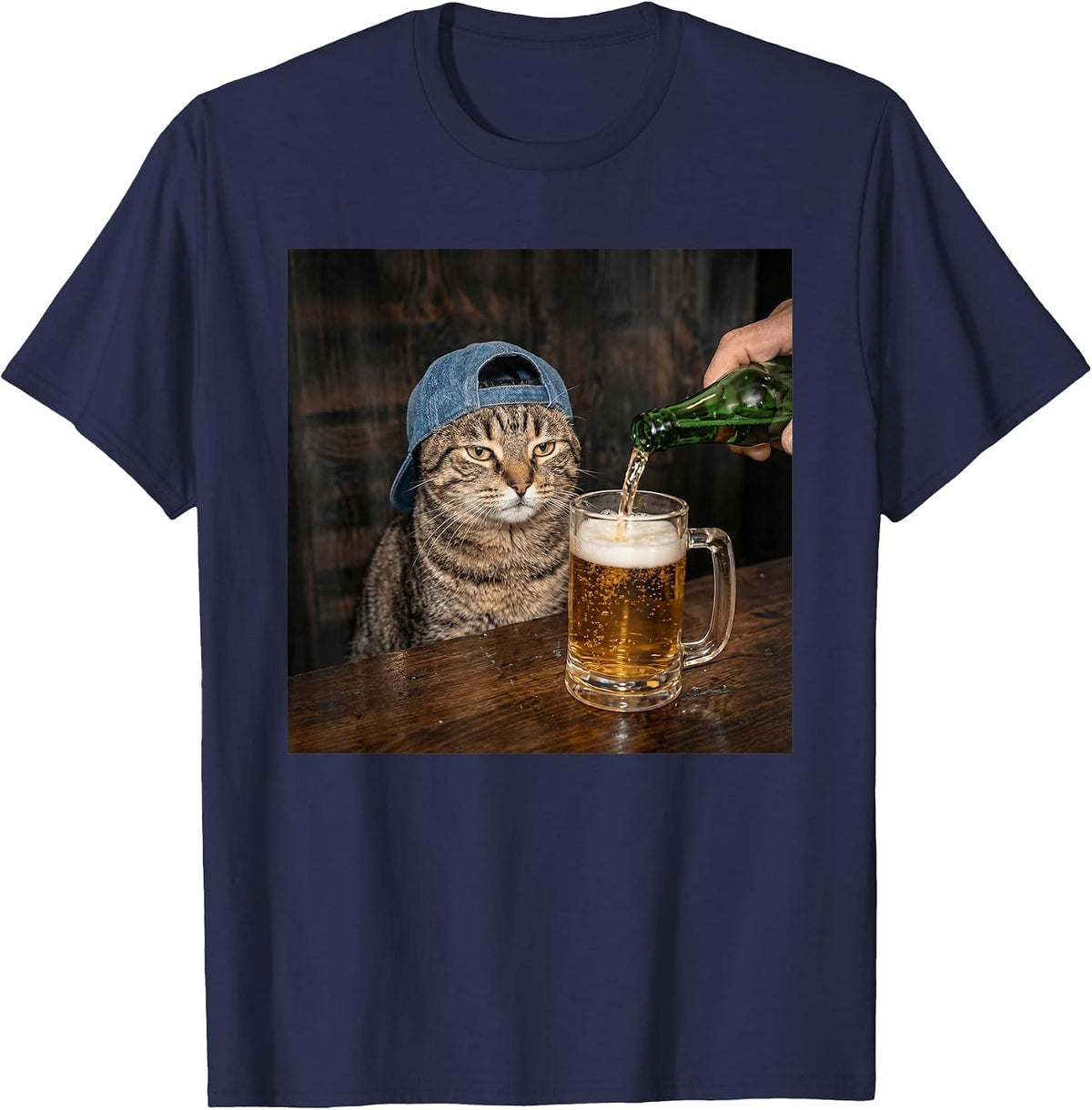 Funny Cat Drinking Beer Hat Graphic Unimpressed Tabby T-Shirt - Navy Blue