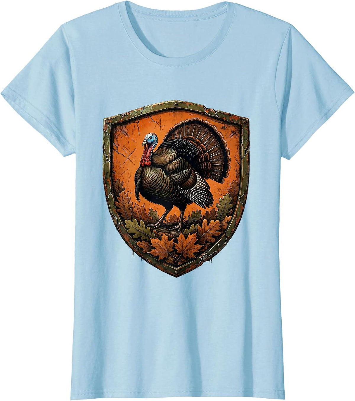 Women's Camo Turkey Striding Through Autumn Leaves T-Shirt - Baby Blue