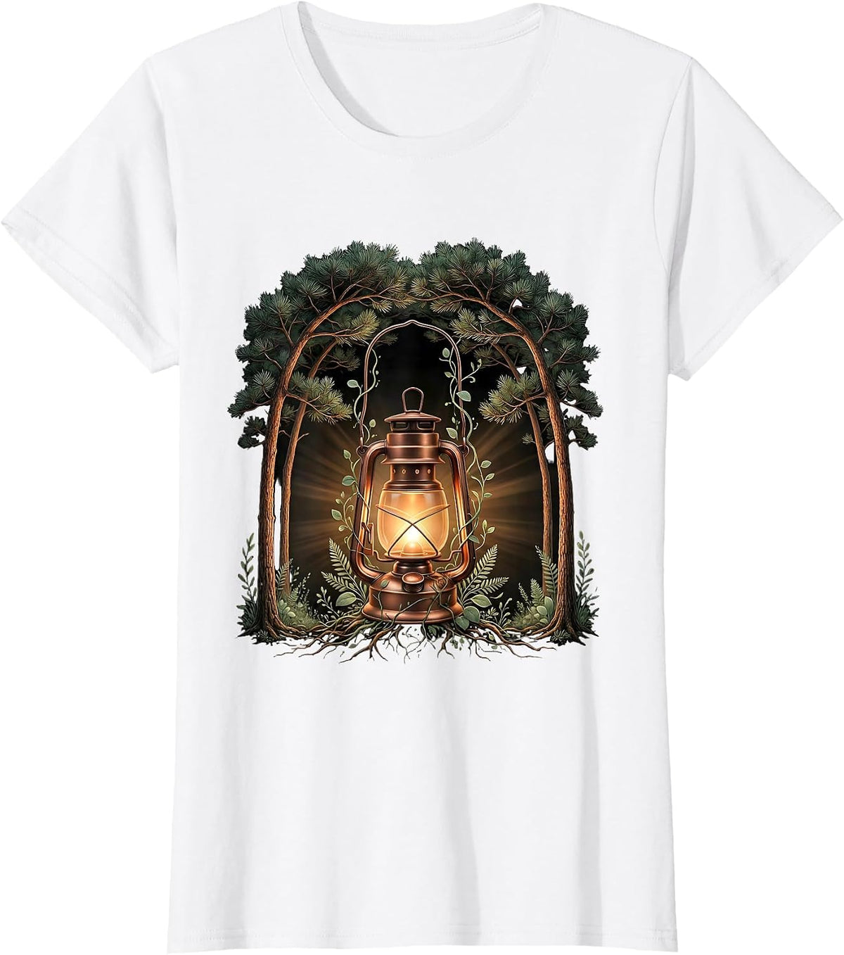 Social Worker Lantern Dark Forest Path Illustration T-Shirt - White
