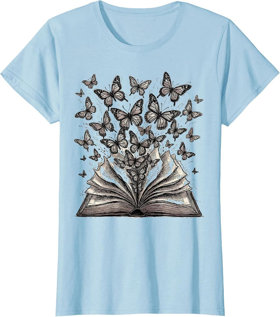 Women's English Teacher Open Dictionary Butterfly Graphic T-Shirt - Baby Blue