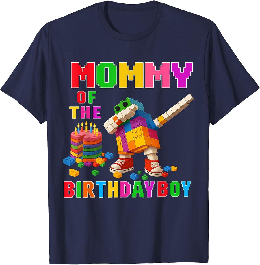 Mommy of The Birthday Boy Building Bricks Family Matching T-Shirt - Navy Blue