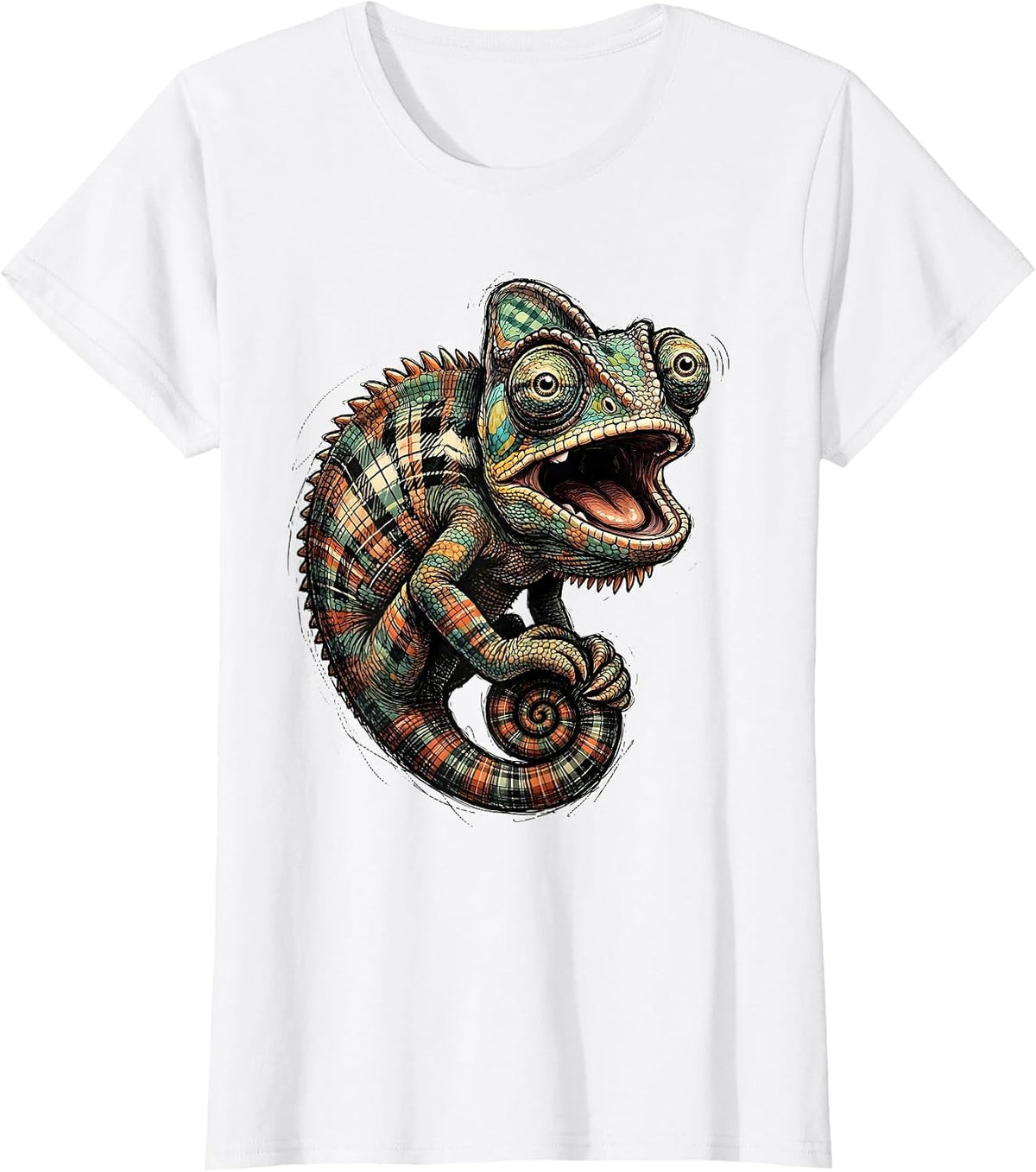 Women's Derpy Chameleon Lost in Plaid Pattern T-Shirt - White