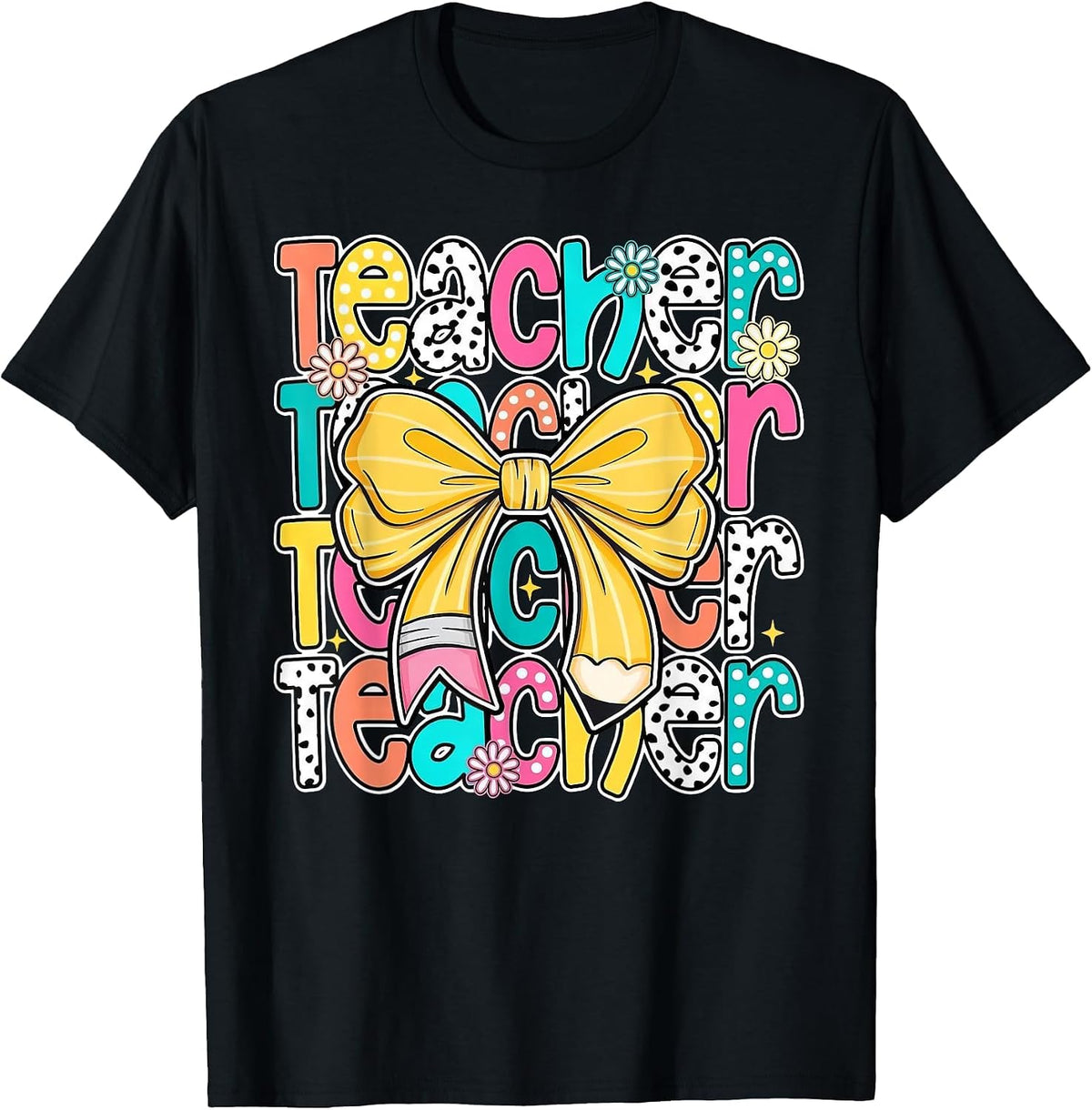 Teacher Pencil Coquette Bow Funny Back to School Teacher T-Shirt - Black