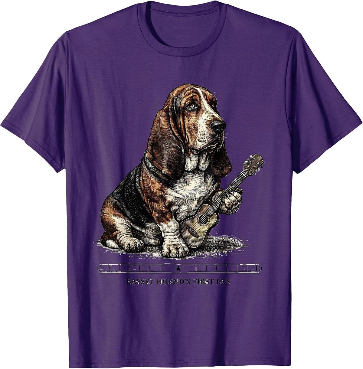 Men's Basset Hound's First Fan Crosshatch Etching Rock Music Dog T-Shirt - Purple