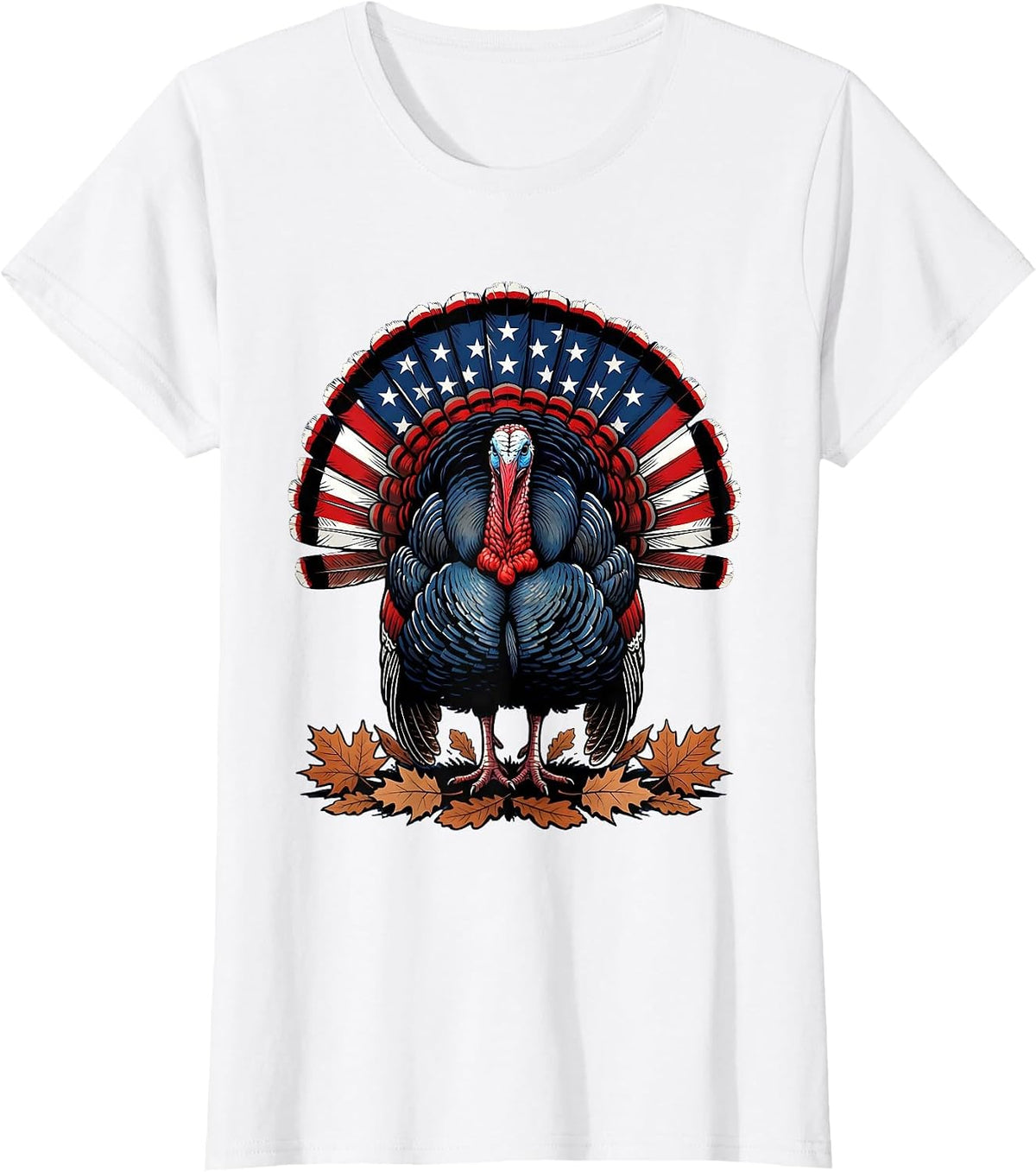 Women's Wild Turkey Strutting Autumn Leaves Thanksgiving T-Shirt - White