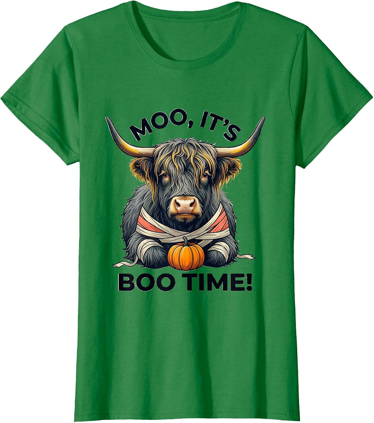 Women's Moo, It's Boo Time! Whimsical Highland Cow Halloween Fall T-Shirt - Kelly Green