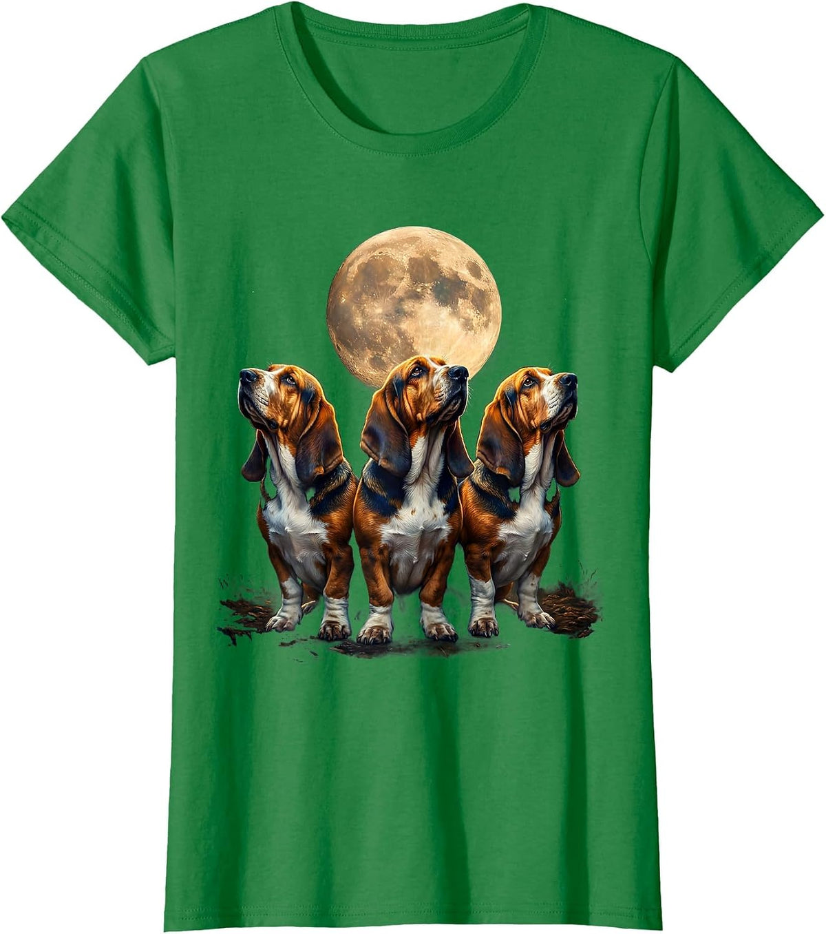 Three Basset Hounds Moon Howling Funny Pet Lover Humor T-Shirt - Kelly Green